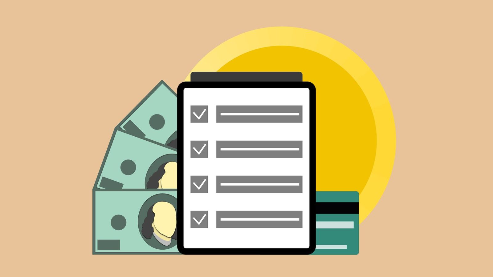 Tableta con marcas de verificación, billetes de dólar y tarjeta de crédito.