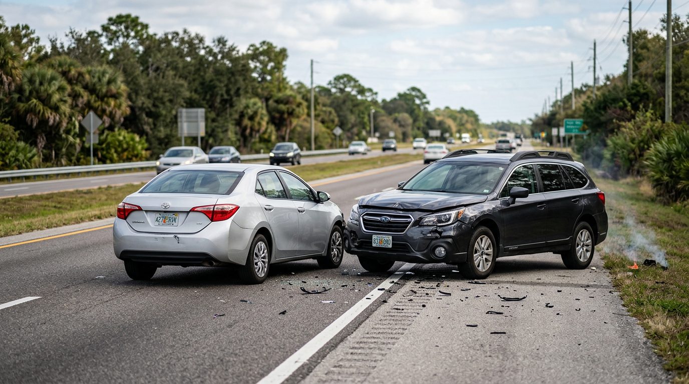 Two damaged cars stopped on a Florida road after a traffic collision.