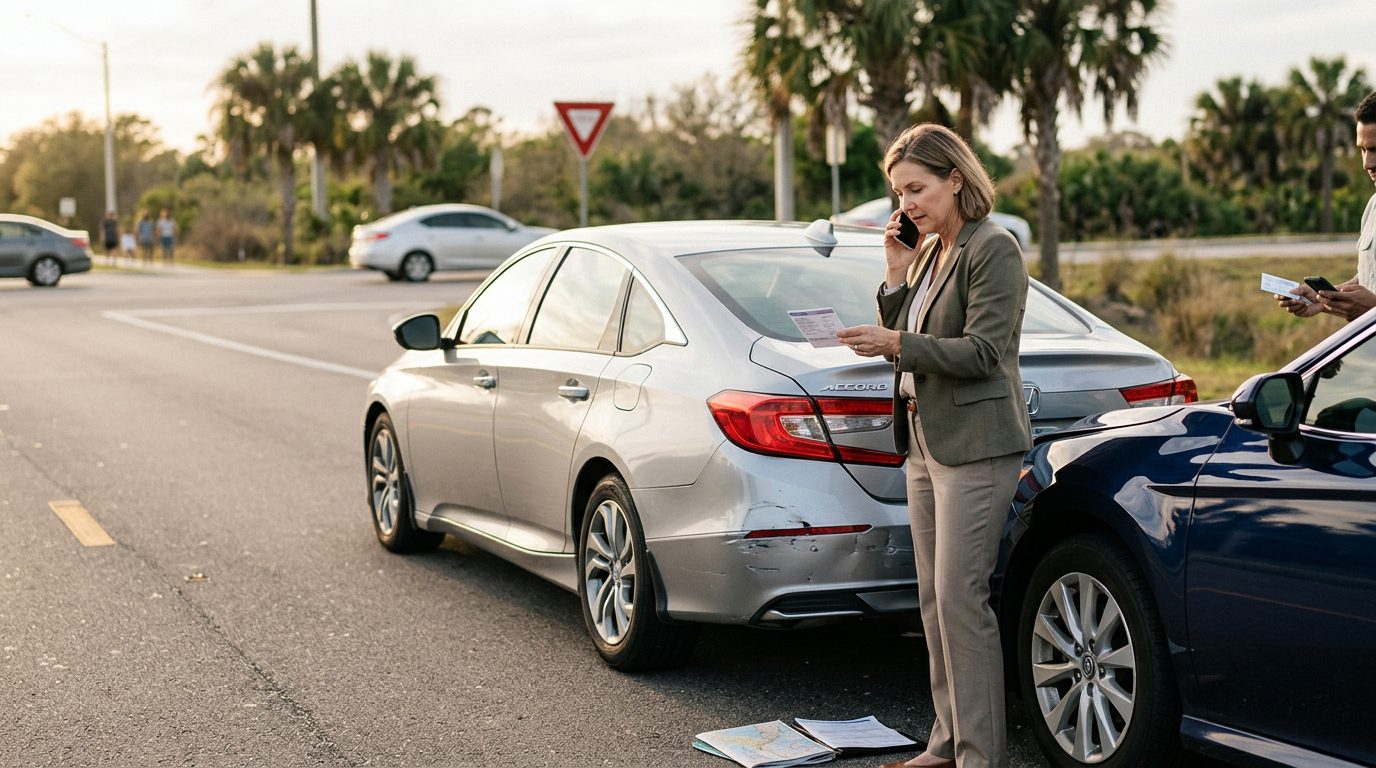 Two drivers exchanging insurance information after a minor car accident on a Florida street.