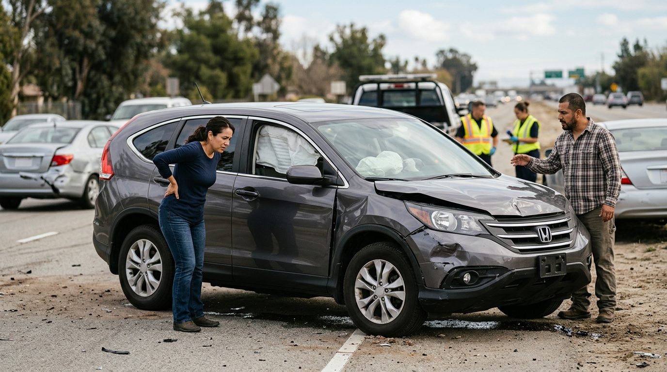 Vehículo dañado con airbags desplegados después de accidente automovilístico grave.