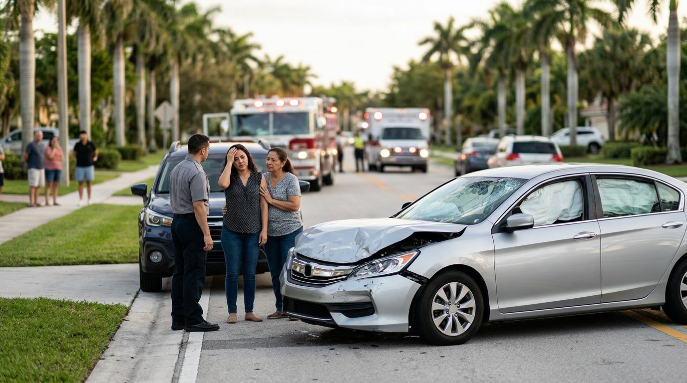Vehículo dañado con airbags desplegados después de accidente automovilístico grave.
