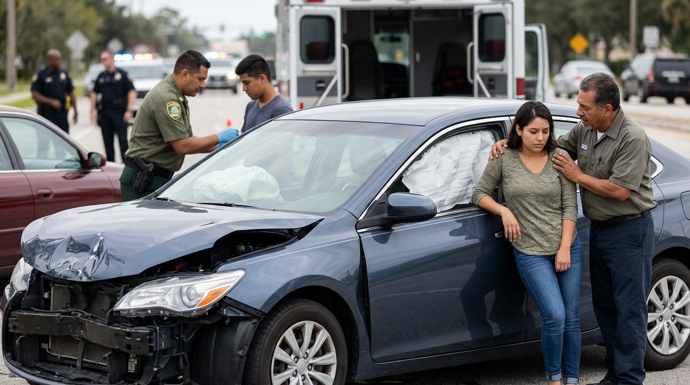 Vehículo dañado con airbags desplegados después de accidente automovilístico grave.