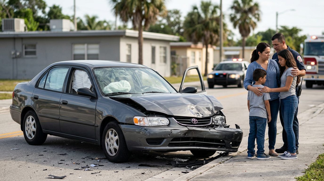 Vehículo dañado con airbags desplegados después de accidente automovilístico grave.