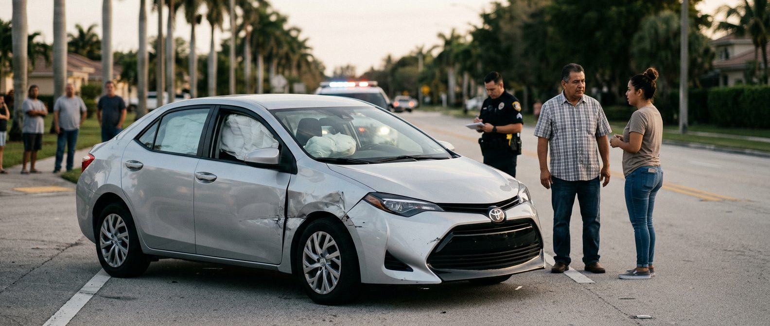 Vehículo dañado con airbags desplegados después de accidente automovilístico grave.
