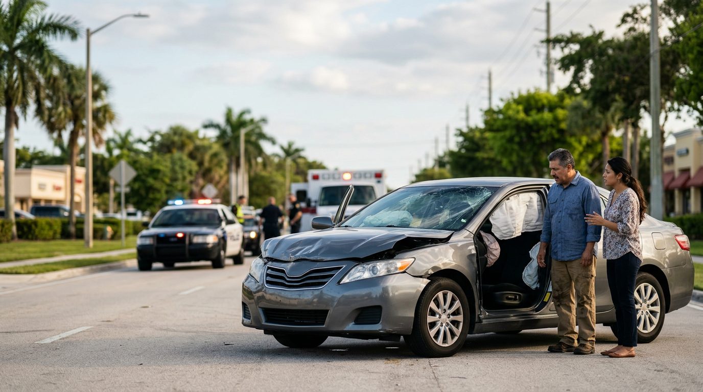 Vehículo dañado con airbags desplegados después de accidente automovilístico grave.