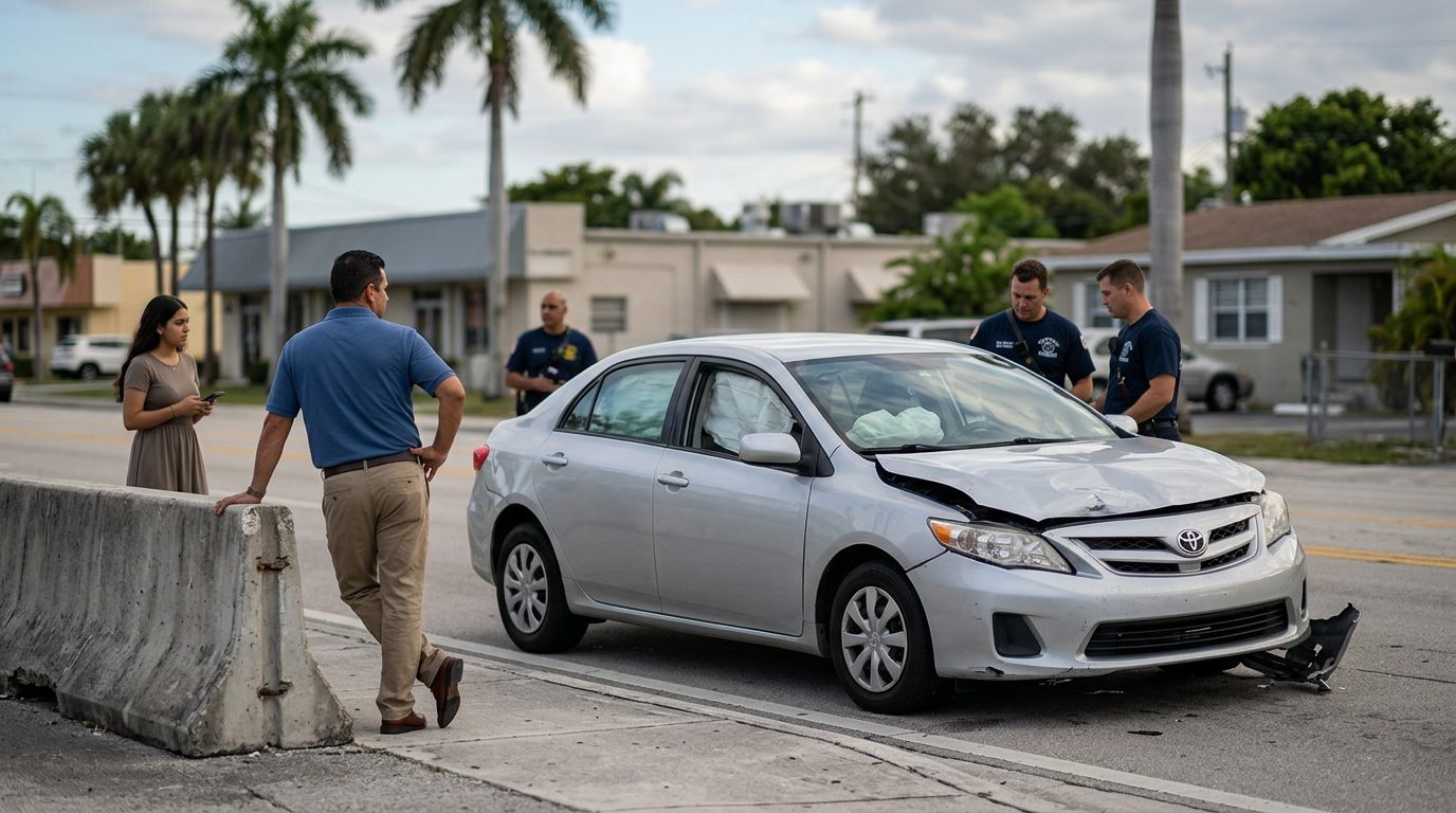 Vehículo dañado con airbags desplegados después de accidente automovilístico grave.