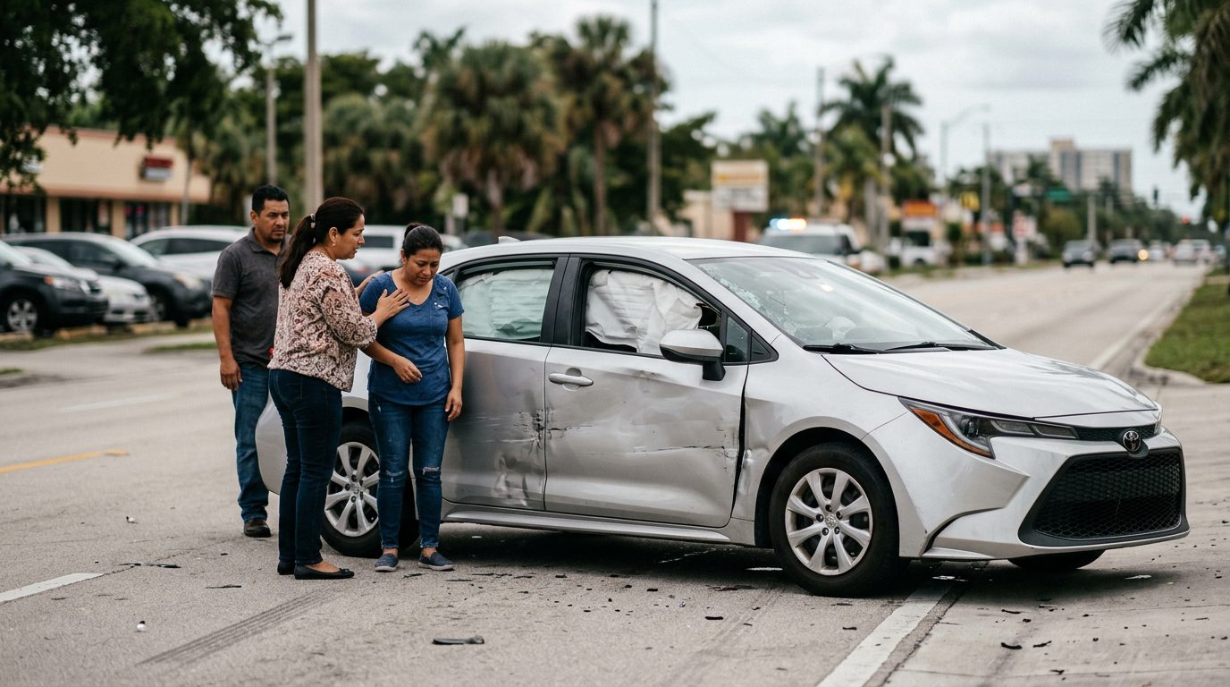 Vehículo dañado con airbags desplegados después de accidente automovilístico grave.
