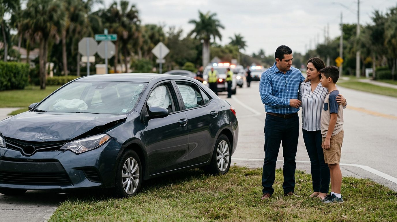 Vehículo dañado con airbags desplegados después de accidente automovilístico grave.
