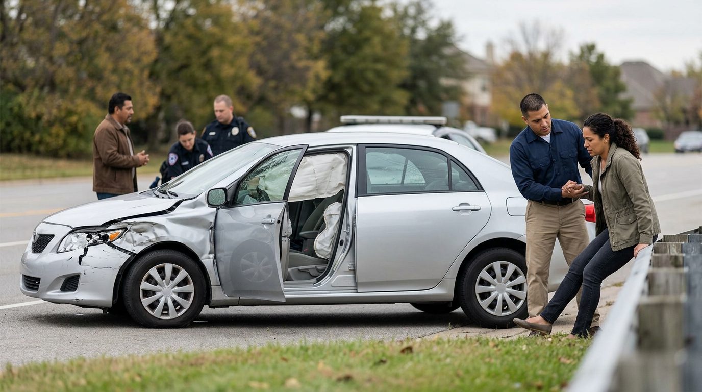 Vehículo dañado con airbags desplegados después de accidente automovilístico grave.