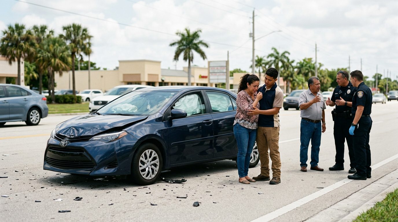 Vehículo dañado con airbags desplegados después de accidente automovilístico grave.