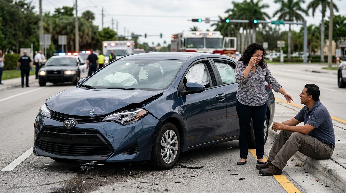 Vehículo dañado con airbags desplegados después de accidente automovilístico grave.