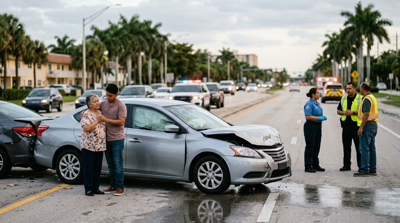 Vehículo dañado con airbags desplegados después de accidente automovilístico grave.
