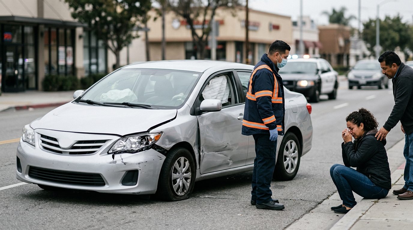 Vehículo dañado con airbags desplegados después de accidente automovilístico grave.