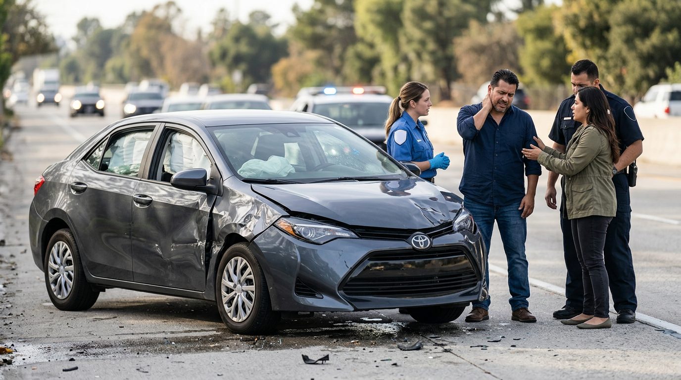 Vehículo dañado con airbags desplegados después de accidente automovilístico grave.