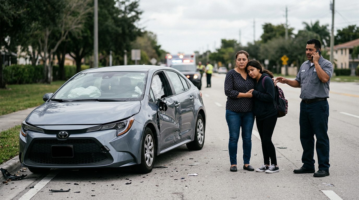 Vehículo dañado con airbags desplegados después de accidente automovilístico grave.
