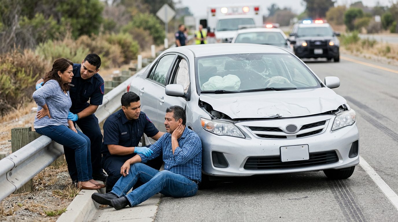 Vehículo dañado con airbags desplegados después de accidente automovilístico grave.
