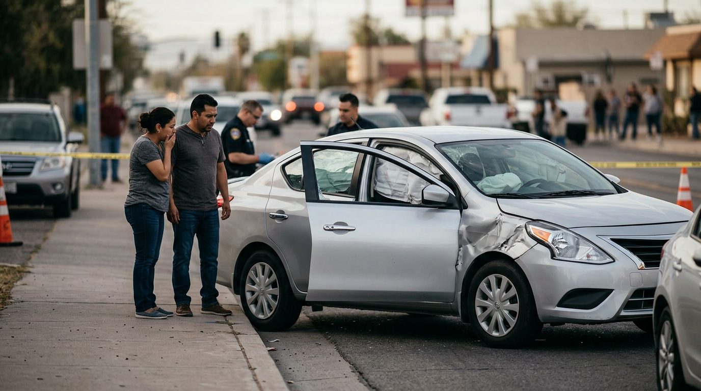 Vehículo dañado con airbags desplegados después de accidente automovilístico grave.