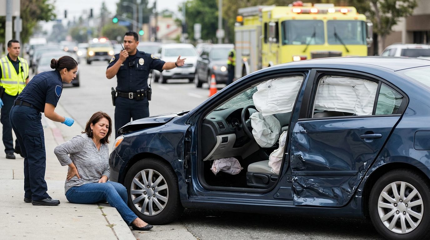 Vehículo dañado con airbags desplegados después de accidente automovilístico grave.