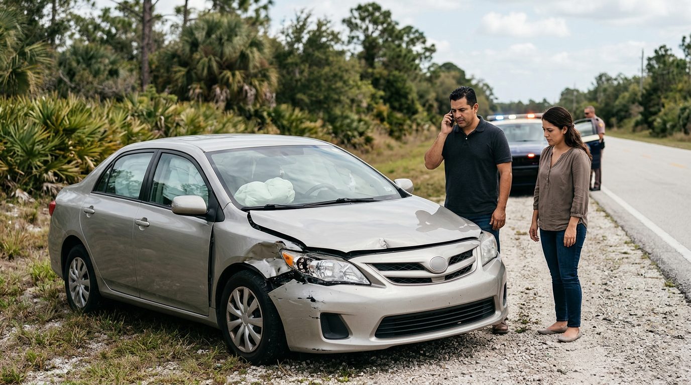 Vehículo dañado con airbags desplegados después de accidente automovilístico grave.