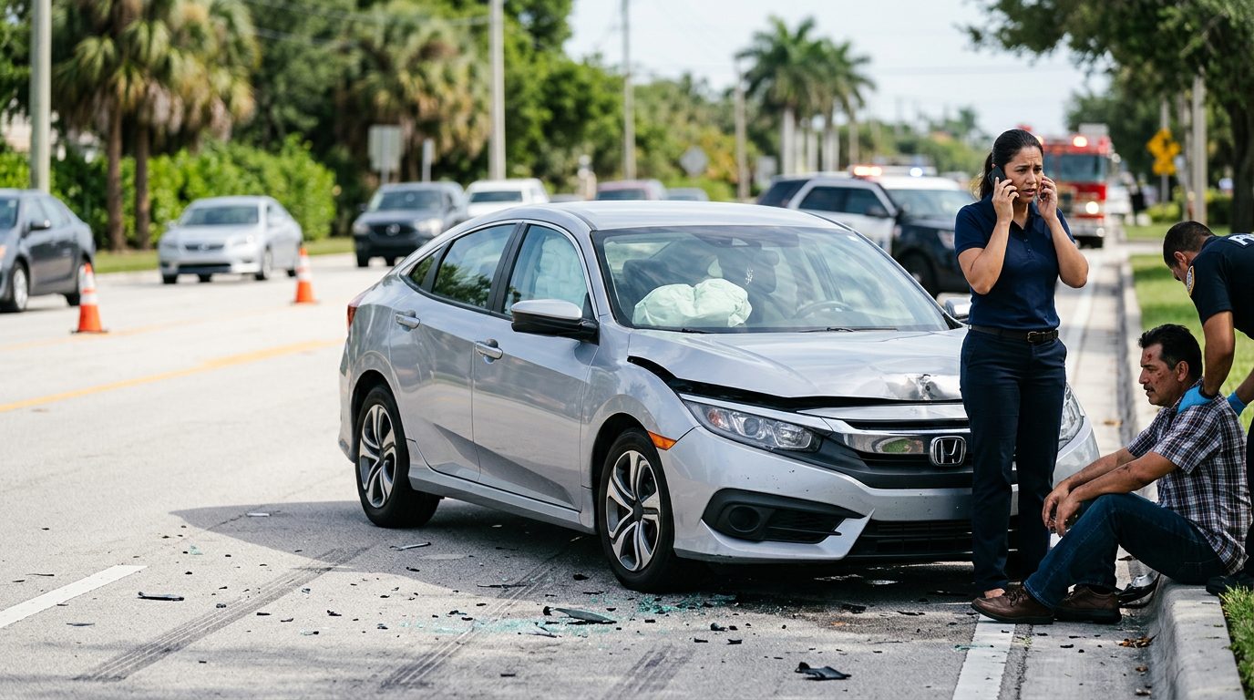 Vehículo dañado con airbags desplegados después de accidente automovilístico grave.