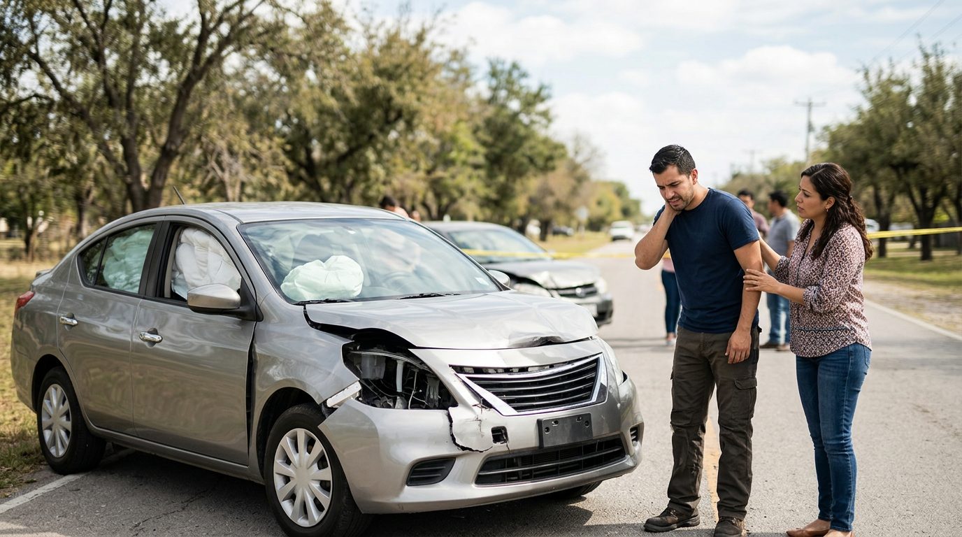 Vehículo dañado con airbags desplegados después de accidente automovilístico grave.