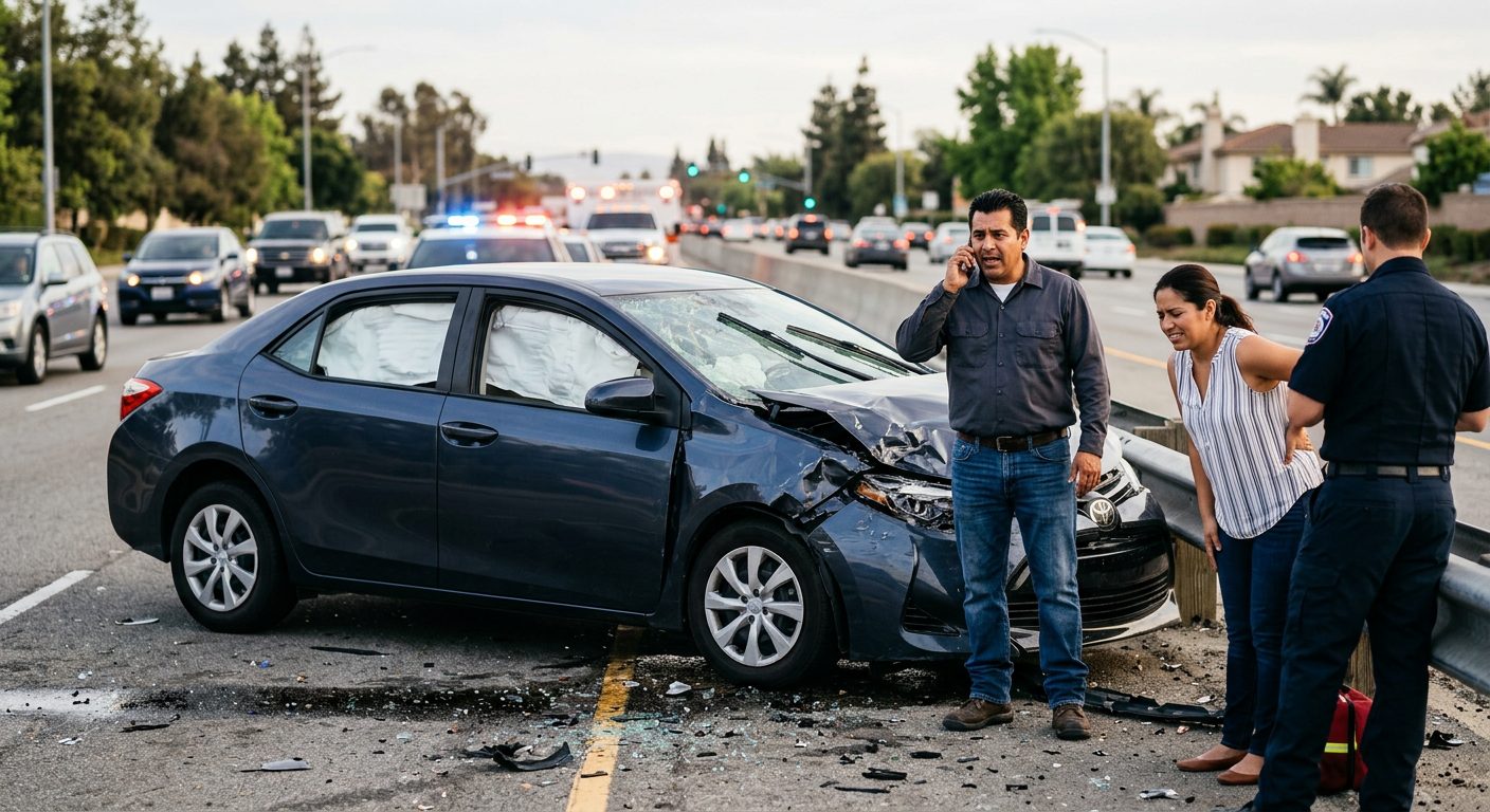 Vehículo dañado con airbags desplegados después de accidente automovilístico grave.