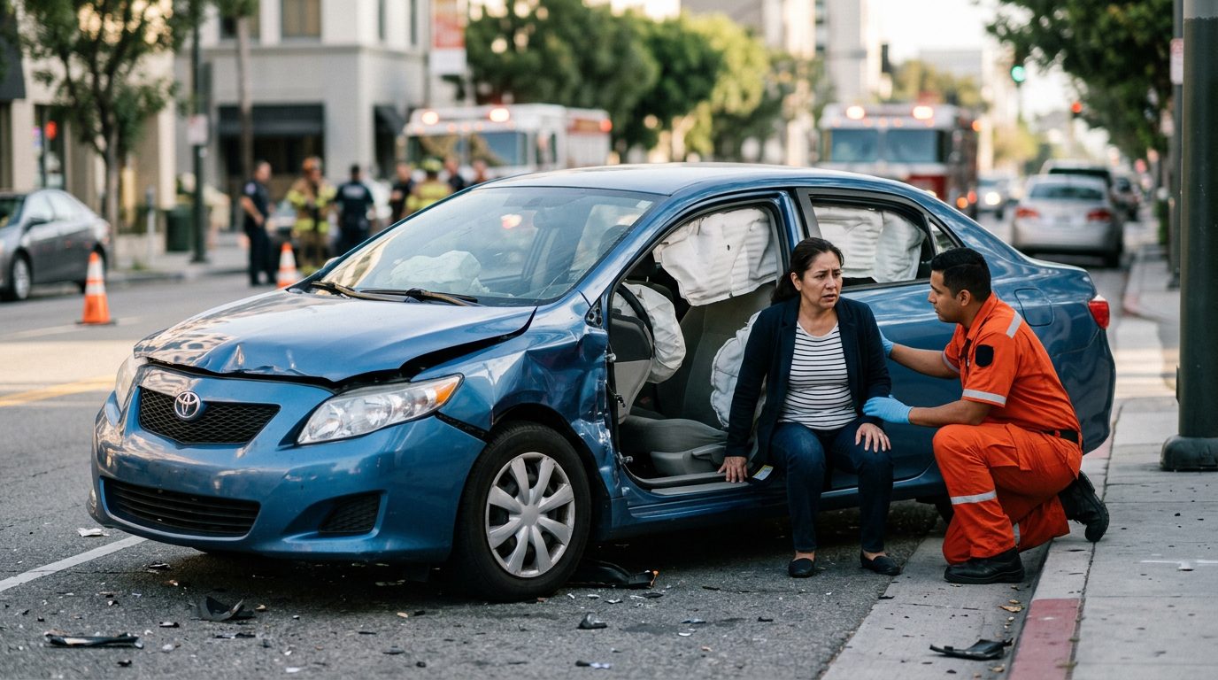 Vehículo dañado con airbags desplegados después de accidente automovilístico grave.