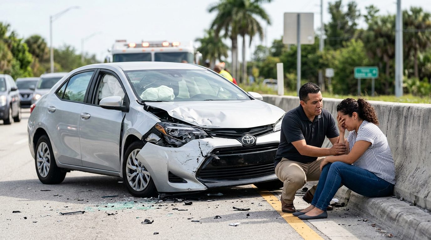 Vehículo dañado con airbags desplegados después de accidente automovilístico grave.