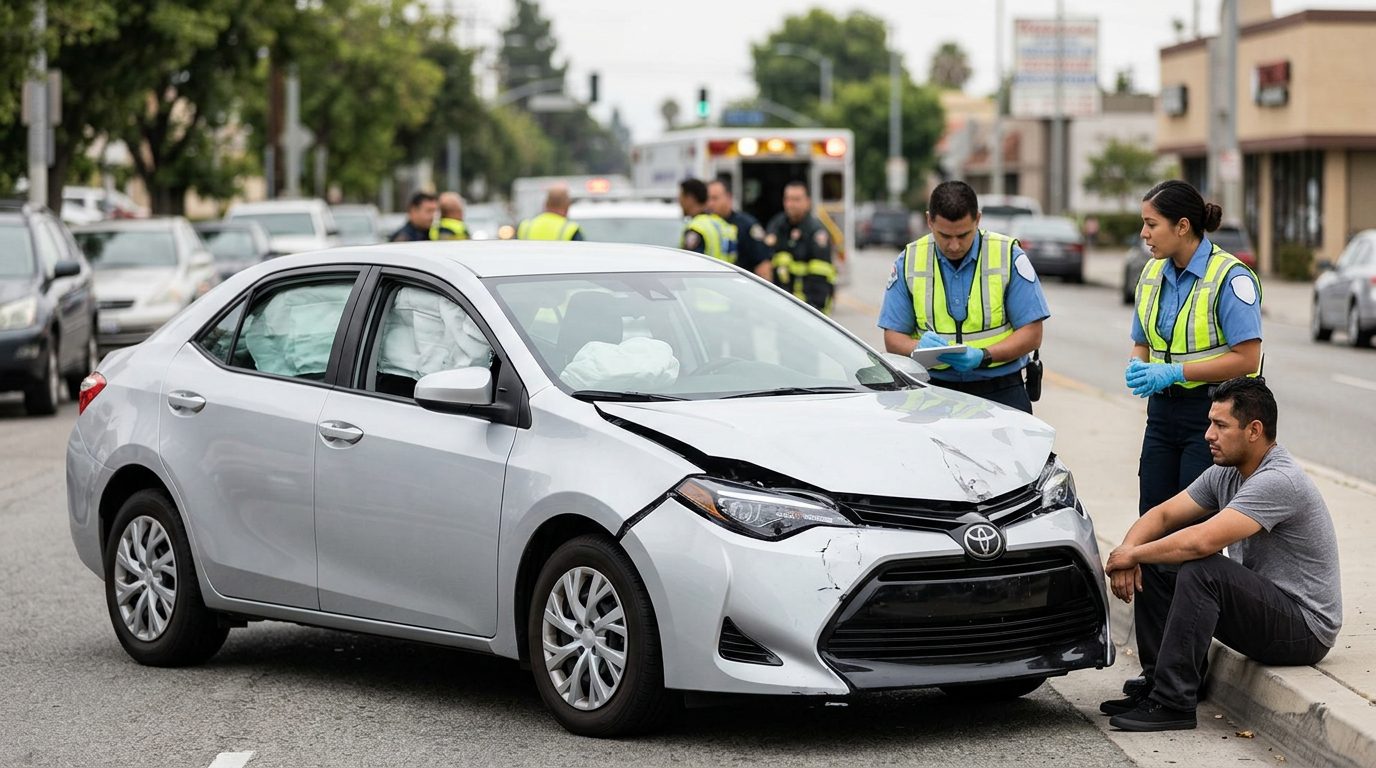 Vehículo dañado con airbags desplegados después de accidente automovilístico grave.