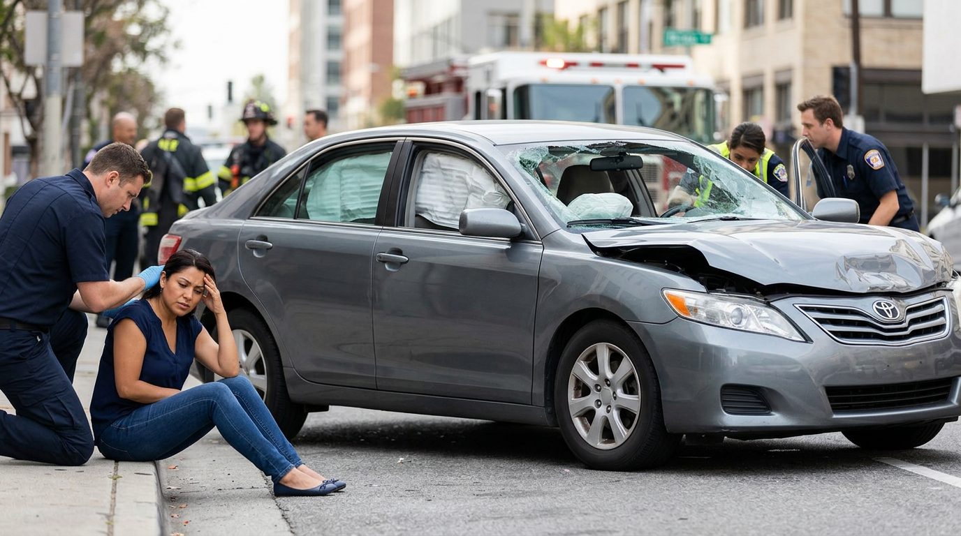 Vehículo dañado con airbags desplegados después de accidente automovilístico grave.
