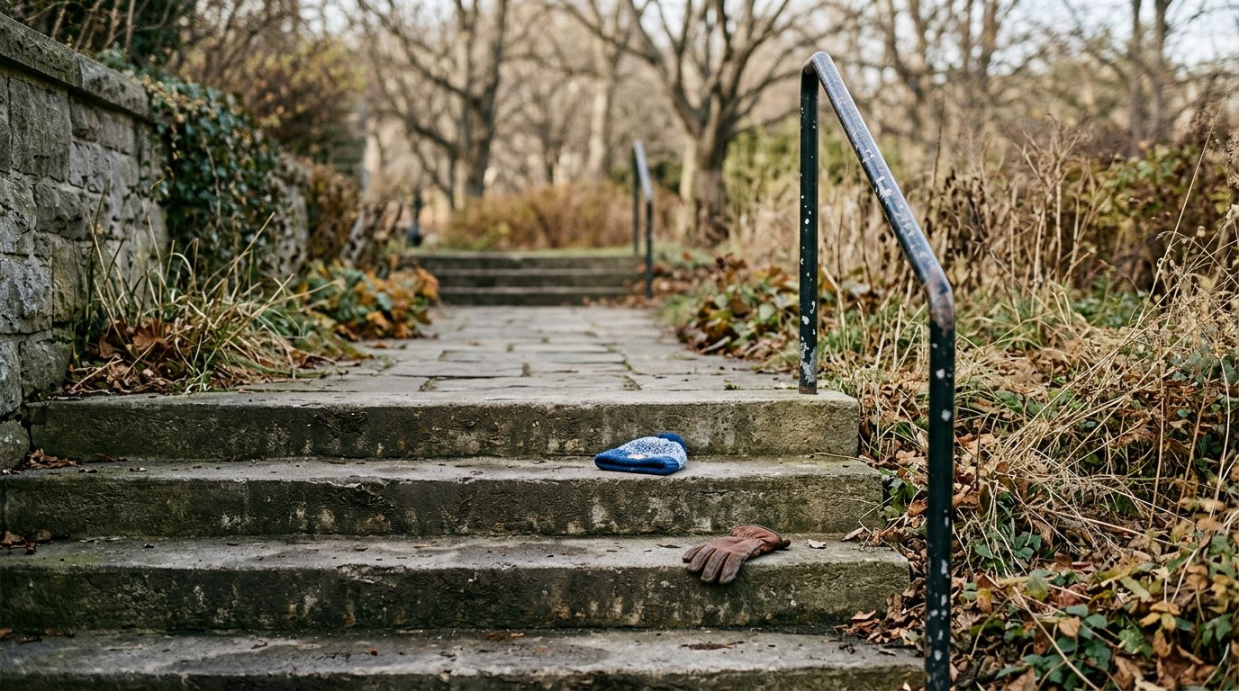 Wet pavement steps near a handrail where a slip and hard fall could occur.