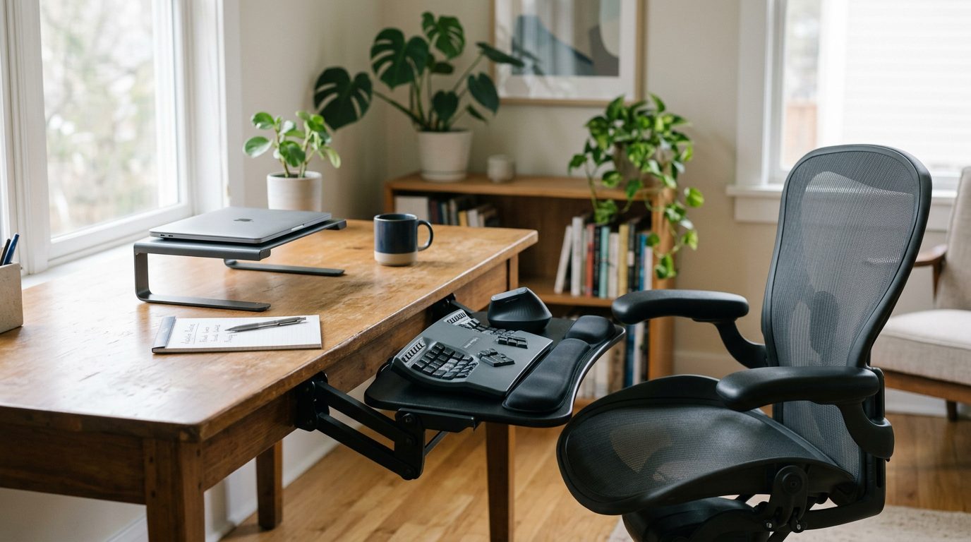 Woman at desk holding her neck and shoulder in discomfort while working at a computer.