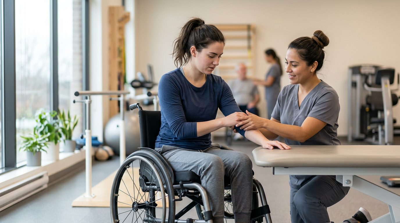 Young adult in wheelchair working with physical therapist in rehabilitation gym.