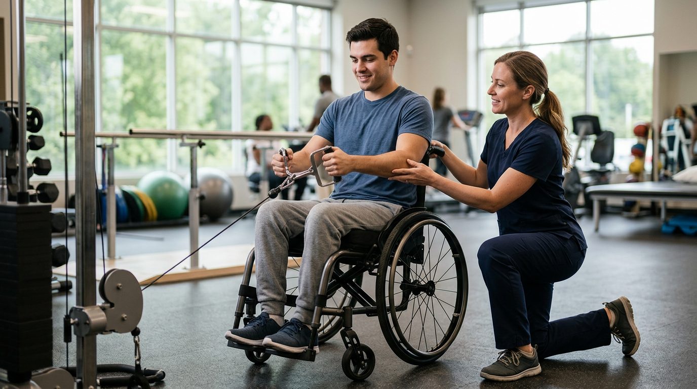 Young adult in wheelchair working with physical therapist in spinal cord injury rehabilitation gym.
