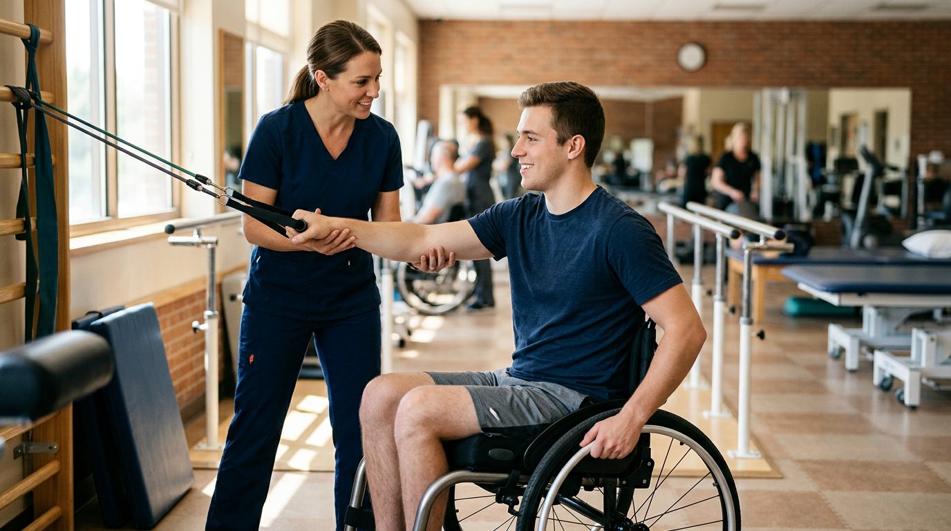 Young adult in wheelchair working with physical therapist in rehabilitation gym.