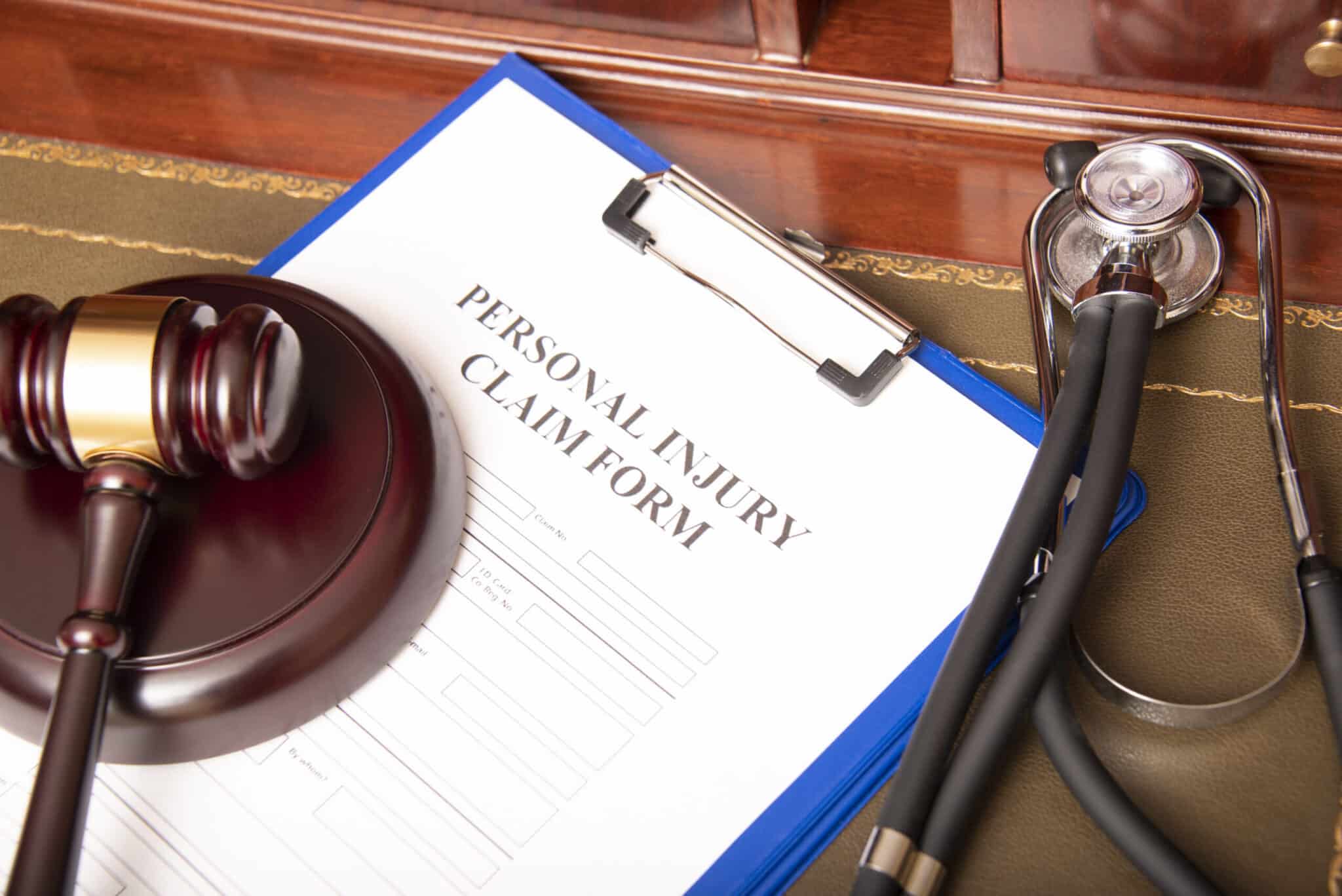 Personal injury claim form with gavel and stethoscope